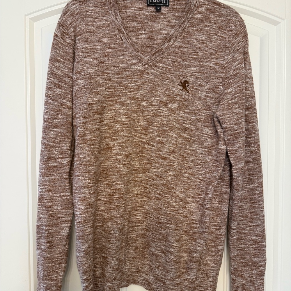 Express Men's Marled Brown V-Neck Sweater